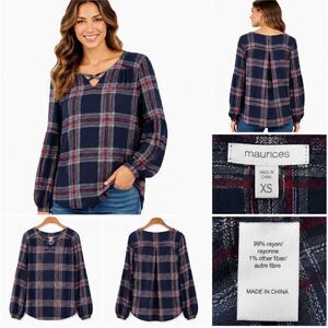 Maurices XS Navy Plaid Long Sleeve Peasant Blouse